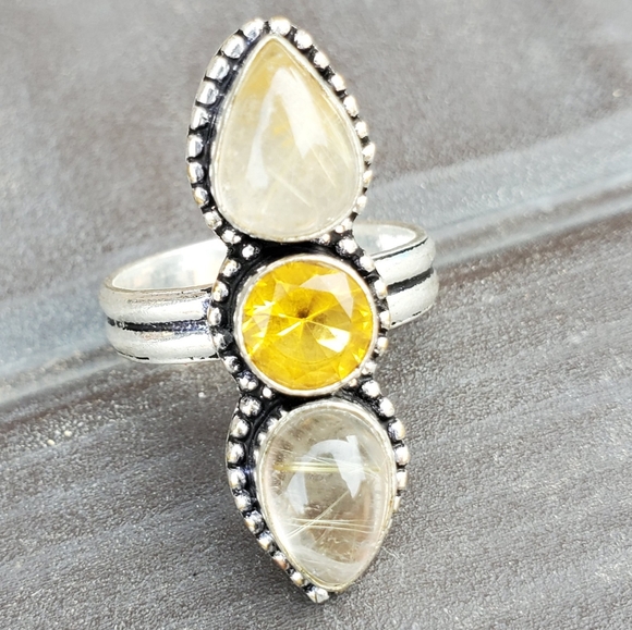 New Golden Rutile and Citrine 925 Silver Ring. - Picture 5 of 9